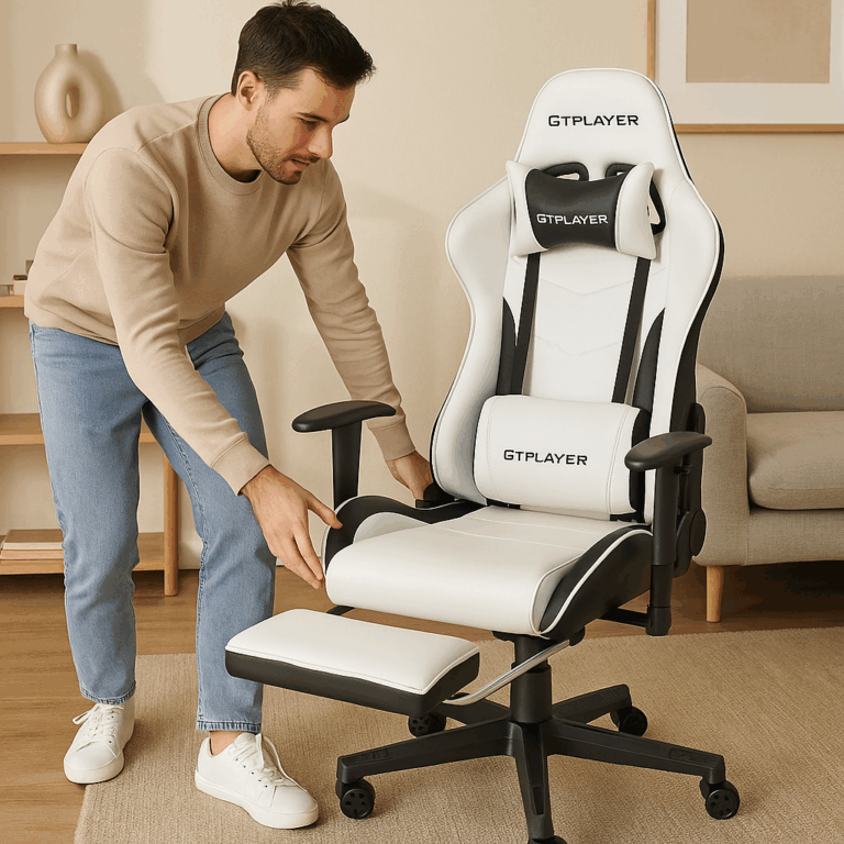 GTPLAYER Gaming Chair, Computer Chair with Footrest and Lumbar Support, Height Adjustable Game Chair with 360°-Swivel Seat and Headrest and for Office or Gaming (White) Review