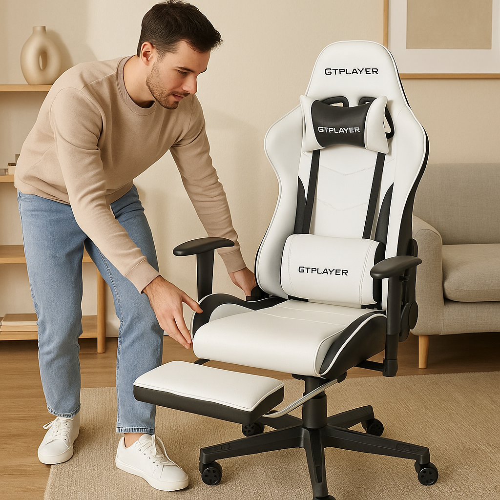 GTPLAYER Gaming Chair, Computer Chair with Footrest and Lumbar Support, Height Adjustable Game Chair with 360°-Swivel Seat and Headrest and for Office or Gaming (White)