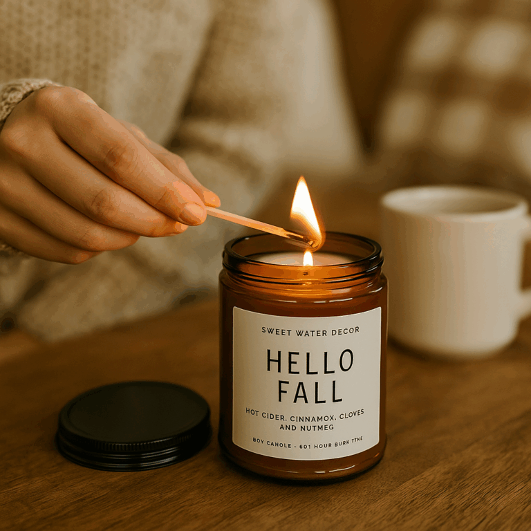 Sweet Water Decor Hello Fall Soy Candles – Fall Candle with Hot Cider, Cinnamon, Cloves, and Nutmeg Scent for Home – Soy Candle with 40 Hours Burn Time – 9Oz Black Lid Amber Jar Candles Fall Scents Review