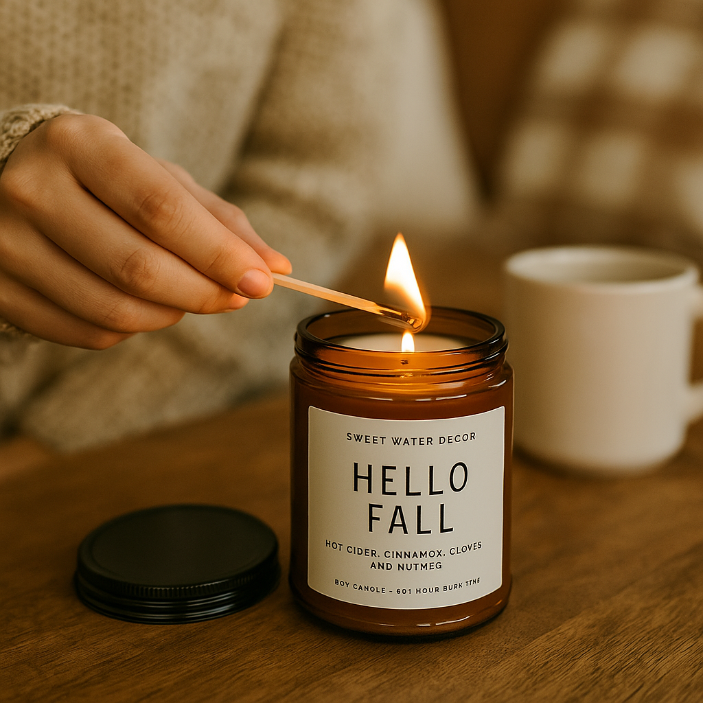 Sweet Water Decor Hello Fall Soy Candles - Fall Candle with Hot Cider, Cinnamon, Cloves, and Nutmeg Scent for Home - Soy Candle with 40 Hours Burn Time - 9Oz Black Lid Amber Jar Candles Fall Scents