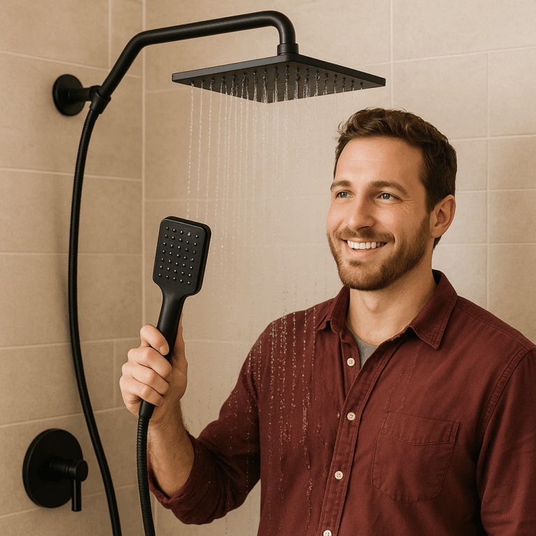 Veken 10″ Luxurious All Metal Rain Shower Head with Handheld Spray Combo, High Pressure Rainfall Square Shower Heads with Extension Arm, Wide Dual Showerhead, Bathroom Accessories, Matte Black Review by Sam