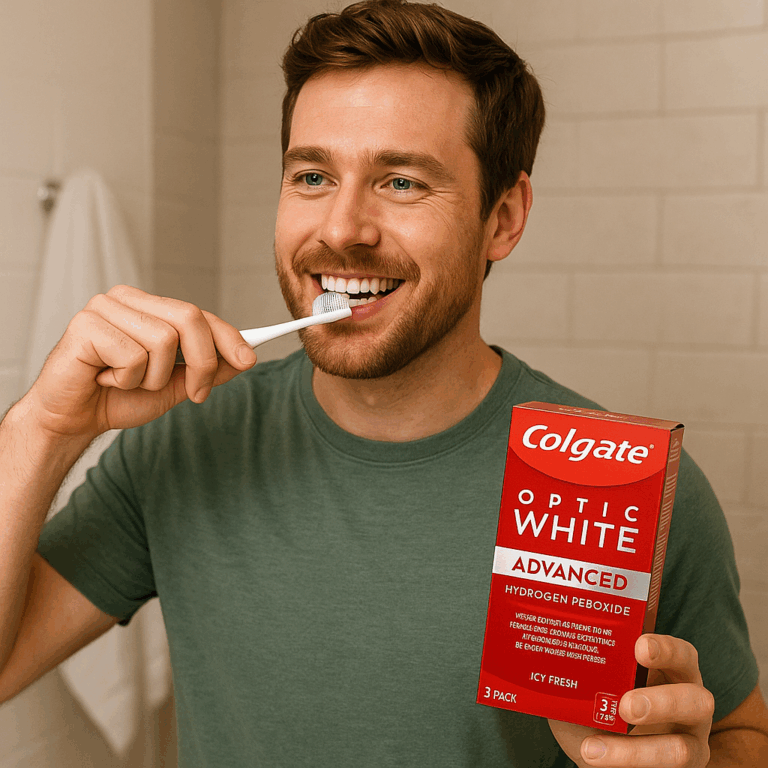 Colgate Optic White Advanced Hydrogen Peroxide Toothpaste Pack, Teeth Whitening Toothpaste, Enamel-Safe Hydrogen Peroxide Formula, Helps Remove Tea, Coffee, and Wine Stains, Icy Fresh, 3 Pack, 3.2 oz Review by Sam