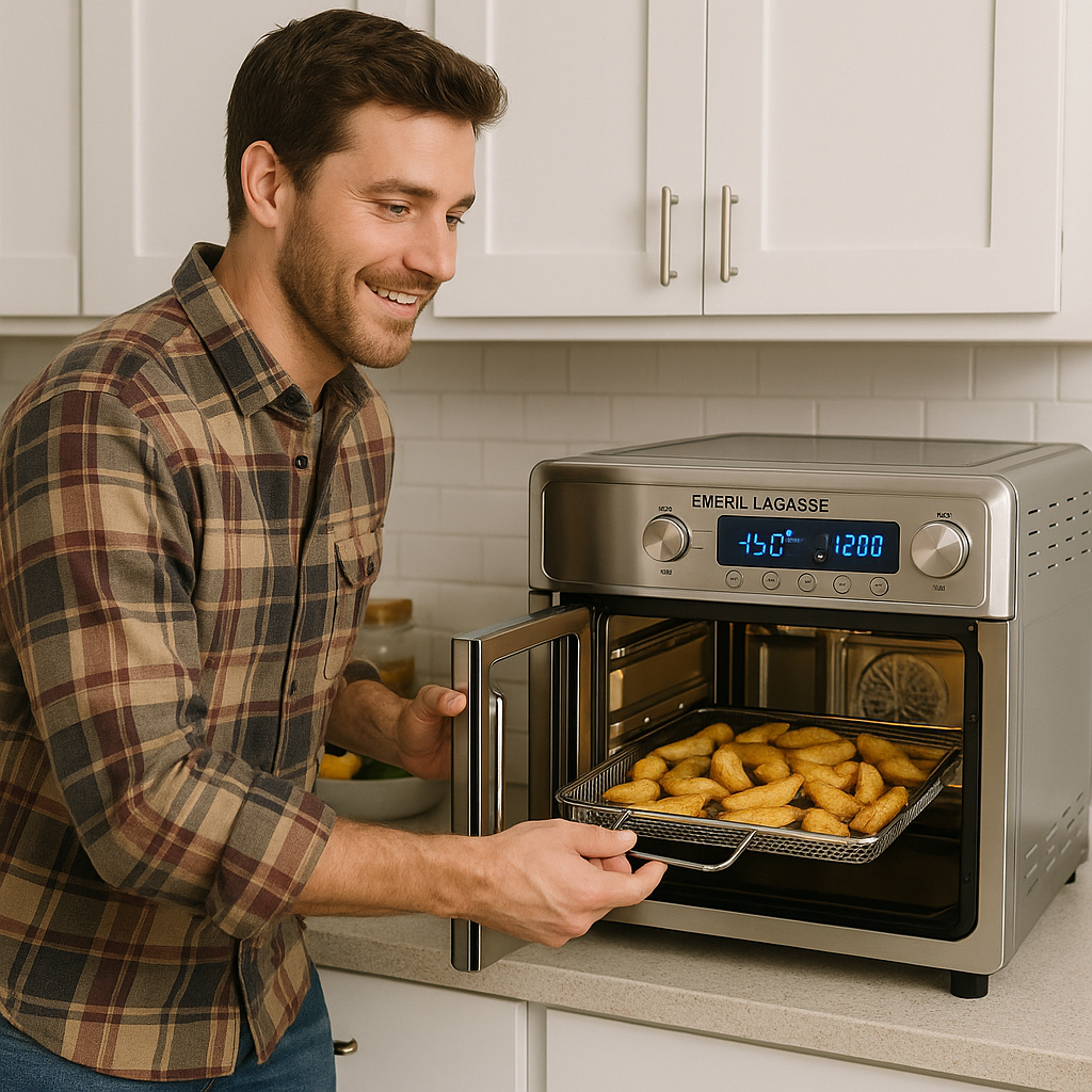 Emeril Lagasse Extra Large French Door Air Fryer Toaster Oven Combo, 24 Cooking Functions and Digital Controls, 7 Accessories Included, Stainless Steel Finish, 26QT Capacity