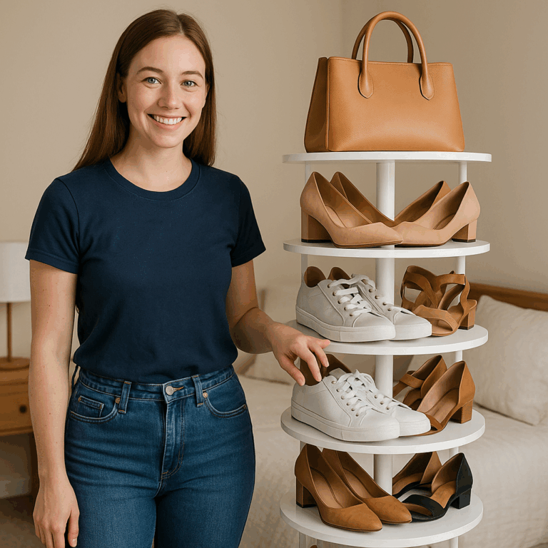 SpaceAid 7 Tier Rotating Shoe Rack Tower, Spinning Shoe Display Lazy Susan, Revolving 360 Shoe Rack Storage Round Carousel, Vertical Handbag Rotate Shoes Closet Organization (7-Tier White) Review by Laura