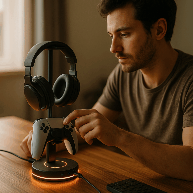 KDD Headphone & Controller Stand with Wireless Charging – Rotatable Headset Stand with 9 Light Modes – Controller Holder with 2 USB and Type C Ports – for Gamers Desktop Accessories Review
