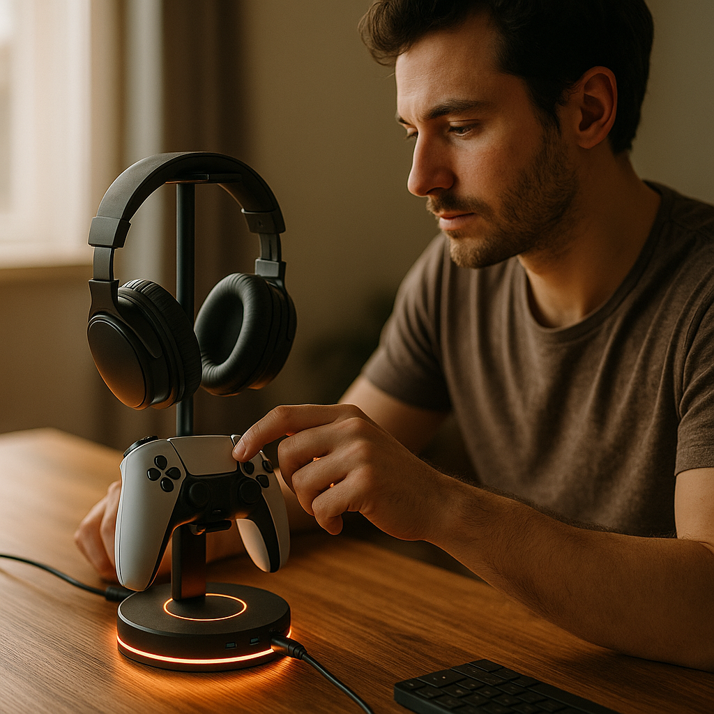 KDD Headphone & Controller Stand with Wireless Charging - Rotatable Headset Stand with 9 Light Modes - Controller Holder with 2 USB and Type C Ports - for Gamers Desktop Accessories Review KDD Headphone & Controller Stand with Wireless Charging - Rotatable Headset Stand with 9 Light Modes - Controller Holder with 2 USB and Type C Ports - for Gamers Desktop Accessories